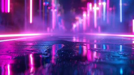 Fototapeta premium A vibrant, neon-lit urban scene with reflections on a wet surface, creating a futuristic atmosphere.