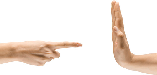 Hand pointing forward, another hand raised in stop gesture, symbolizing accusation, confrontation, setting boundaries, isolated on transparent background. Concept of visual communication, signs