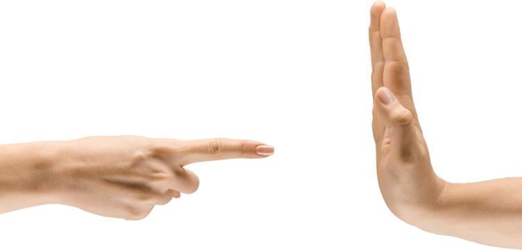 Hand pointing forward, another hand raised in stop gesture, symbolizing accusation, confrontation, setting boundaries, isolated on transparent background. Concept of visual communication, signs