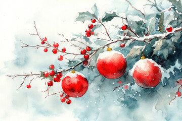 Watercolor illustration of Christmas decorations on a branch. In the foreground are red Christmas balls and bright holly berries covered with a light snowy coating. 