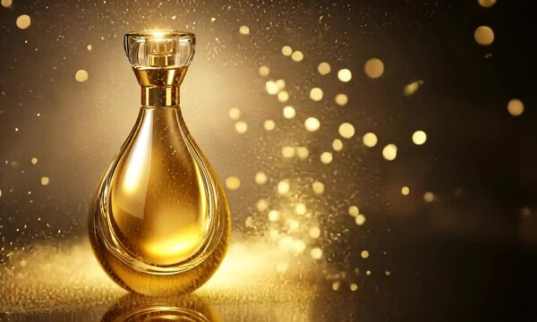 Golden perfume bottle on glitter.