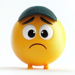 This 3D yellow emoji features a sad expression, complete with a dark green baseball cap