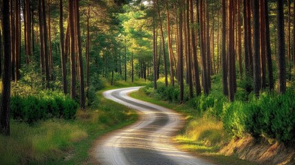 Obraz premium Curvy Gravel Road Winding Through Lush Evergreen Pine Forest in Daytime. Generative AI