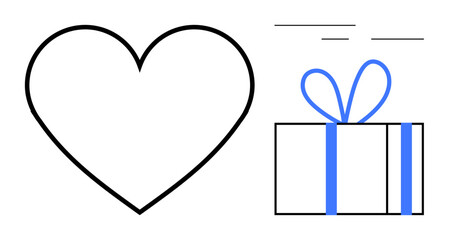 Large heart shape next to a gift box with ribbon. Ideal for love, celebration, romance, gifting, holidays, special occasions, appreciation. Line metaphor