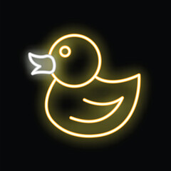 Yellow neon sign representing a duck on a black background