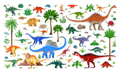 Prehistoric dinosaurs, cartoon Jurassic lizards and funny dino, vector characters. Prehistoric dinosaurs collection in jungle forest, giant reptiles, predators and dino lizards with horns and claws © Vector Tradition