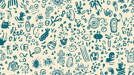 Naklejka premium Whimsical doodles seamless pattern in teal blue