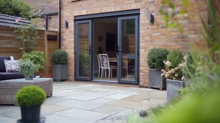 Fototapeta premium Stylish Bifold Doors With Plants and Indian Sandstone Patio in a Spring Outdoor Space. Generative AI