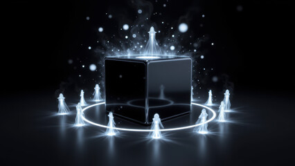 An artistic digital illustration featuring a central black AI cube surrounded by a glowing aura with ethereal figures floating within it. The scene suggests advanced technology and AI themes.