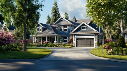 Naklejka premium Modern American Home Design Featuring Spacious Garages and a Lush Lawn That Enhances Curb Appeal. Generative AI