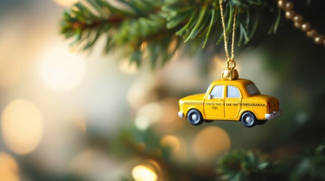 New York Taxi Decoration Hanging on a Christmas Tree During the Holiday Season. Generative AI