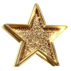 A five-pointed gold star filled with golden glitter, symbolizing achievement or award.