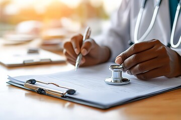 A close-up of a doctor's hands holding a pen and carefully writing on a report that rests on the table, with a stethoscope visible, indicating medical practice.