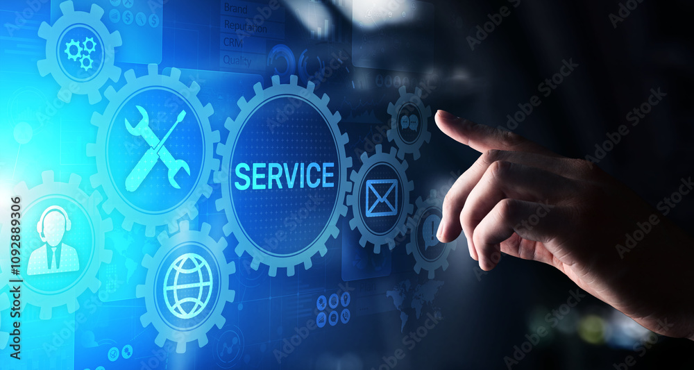 Poster Service support customer help call center Business technology button on virtual screen.