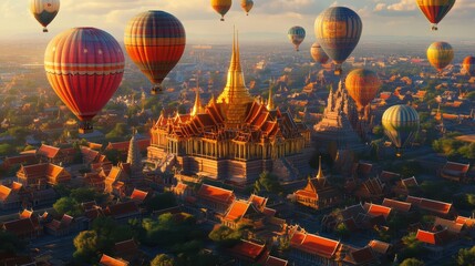 Obraz premium Majestic hot air balloons over the grand palace bangkok gigapixel high fidelity landscape aerial view stunning visualization