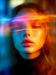 Fototapeta premium A woman's face merges with colorful strokes, symbolizing emotion and imagination with vibrant energy.