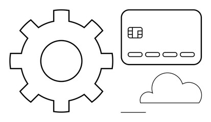 Bold outline of a gear, credit card, cloud, and line. Ideal for financial tech, cloud solutions, digital transactions, IT services business strategies data storage and seamless integration. Line
