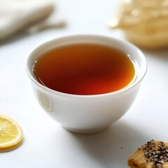 Cup of tea with biscuit and lemon slice on white background.