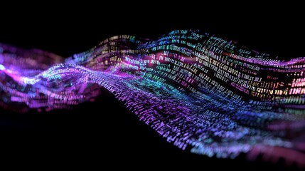 Technological Elegance: 3D Render of Colorful Binary Code Cascade in a Digital Landscape Representing Large Language Models