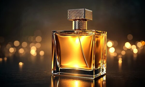 Luxury amber perfume bottle on dark background with bokeh lights.
