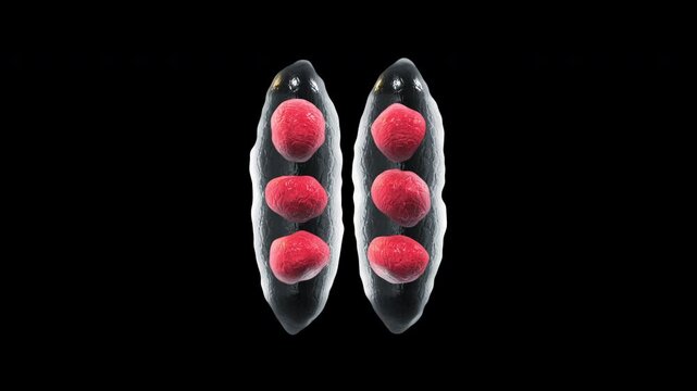 Microscopic View of Mutating Cell Division with Multiple Red Nuclei