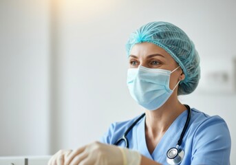 Confident female surgeon wearing face mask and putting on gloves, getting ready for surgery in hospital operating room