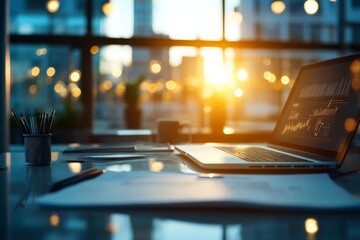 A sunlit modern workspace features a laptop open to a digital interface, reflecting a blend of technology and tranquility as the day winds down.