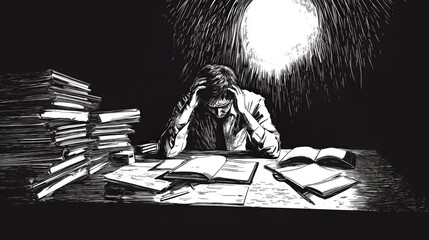 depressed office worker, black and white ink comic style - Generative AI