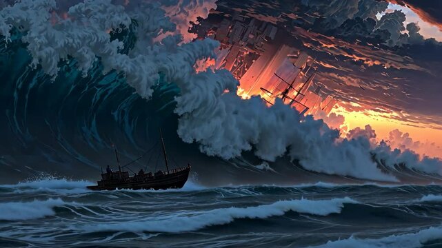 Video footage of small boat faces a massive wave with an upside down surreal cityscape in the sky, creating a dramatic and fantastical scene