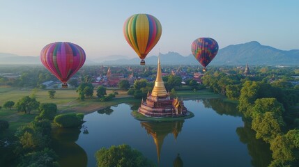 Fototapeta premium Captivating aerial view of ratchaburi temples thailand gigapixel photography serene landscape scenic perspective cultural heritage