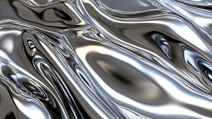 A reflective, abstract surface showcasing smooth, flowing metallic textures with variations in light and shadow.
