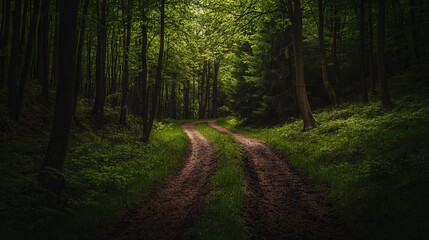 Fototapeta premium Beautiful Green Forest with Trees and a Path in Spring or Summer. AI generated illustration