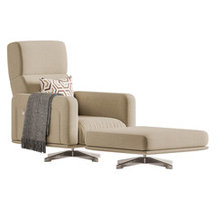 A tan chair with a white pillow and a black and white blanket on it