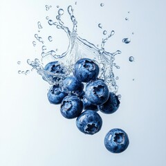 blueberries falling into water making a splash on a white background