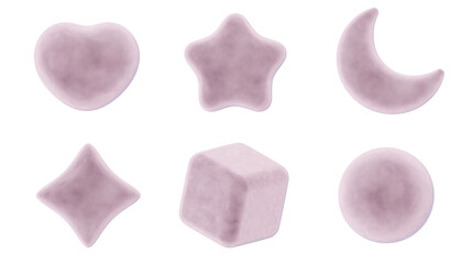 3d icon collection set, heart, star, moon, twinkle, cube and circle, soft pink velvet velour material, png isolated background