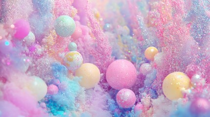 A whimsical scene features pink and blue ornaments delicately suspended amidst a soft, swirling snow, evoking a magical Christmas atmosphere.