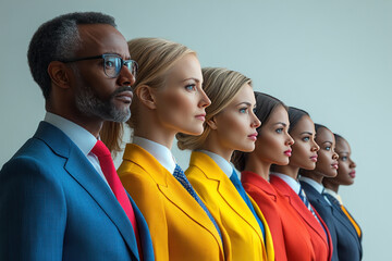 a group of business people standing in a row and looking in the same direction.  