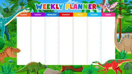 Weekly planner with prehistoric dinosaurs and reptiles of Jurassic era, cartoon vector. Week schedule or notes list or to-do organizer with days for plans and notes with funny Jurassic T-rex dinosaur © Vector Tradition