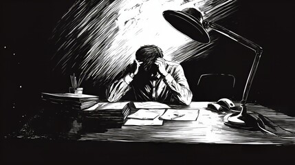 depressed office worker, black and white ink comic style - Generative AI