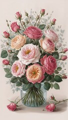 Bouquet of roses in delicate hues hand drawing