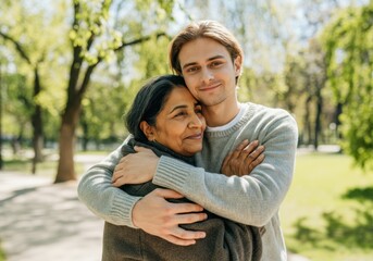 Fototapeta premium Young man tenderly hugging a senior woman, showcasing love, care, and connection between generations in a serene park setting