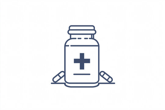 recommend clip art: Minimalist icon depicting a medical treatment with a bottle of pills and two pills lying near it, ideal for websites and apps