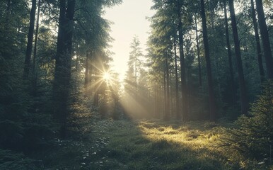 Obraz premium Spring Forest Landscape with Tall Pine Trees at Sunrise, AI generated illustration