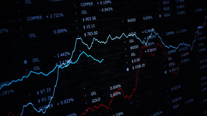 Business raw materials economy data illustration on dark black background.