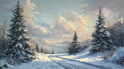 Winter landscape scene with snow-covered pines mountain view nature photography serene environment soft light tranquility