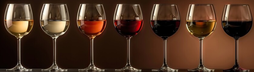 A lineup of wine glasses showcasing different wine varieties, highlighting the vibrant colors and elegance of each drink.
