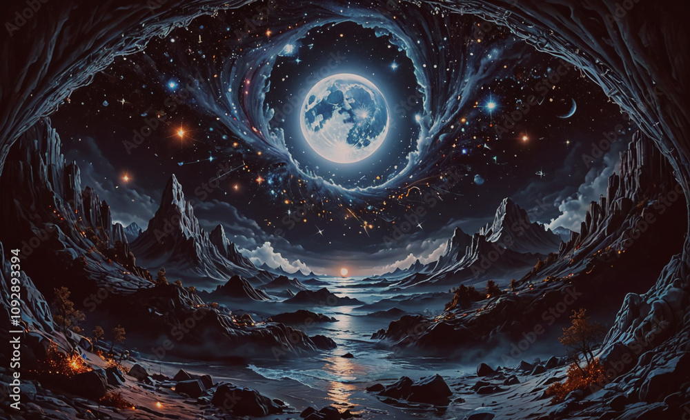 Poster moon is in the sky above a rocky landscape. the moon is surrounded by stars. the sky is dark and the