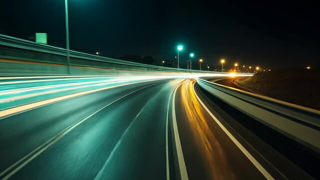 Long exposure of light trails on a highway at night showcasing city energy and movement