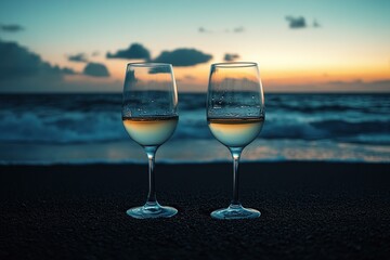 Two Glasses of White Wine on Moonlit Beach.