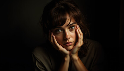 Fototapeta premium Artistic Close-Up Portrait of a Woman with Hands Framing Her Face, Highlighting Soft Light, Emotional Expression, and Detailed Facial Features in a Dark Background